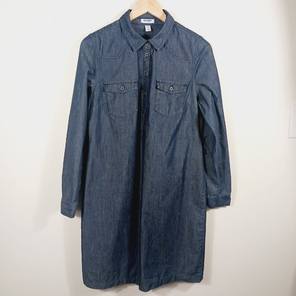 Old Navy Denim Dress, Shift with Belt, Size Medium, Long Sleeve, 1/4 Button Down - Picture 6 of 15